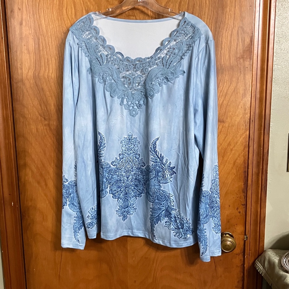 Light Blue Lace-Detail Long Sleeve Women's Top